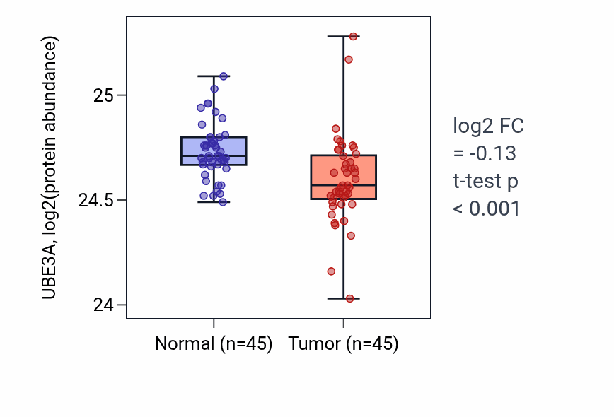 Tumor-vs-normal mass-spec protein box plot for UBE3A in HNSC.