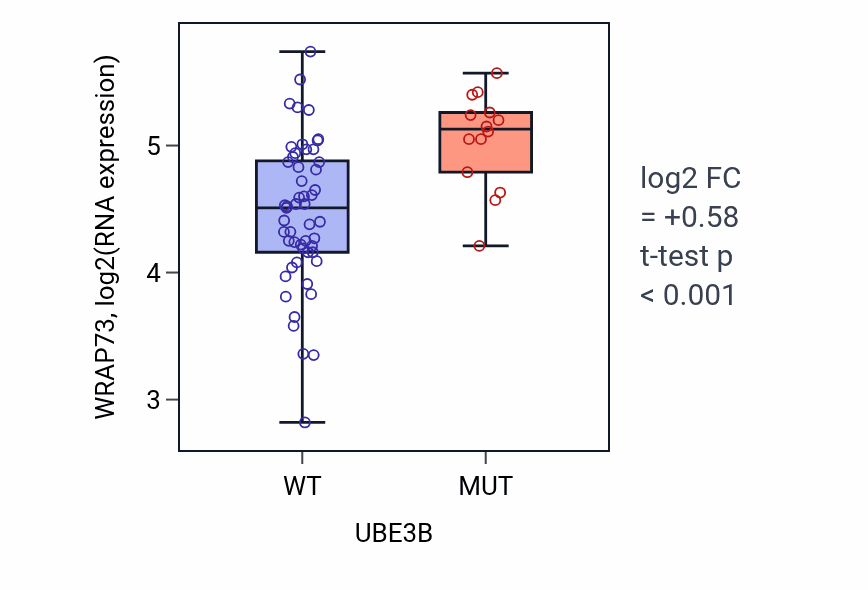 Box plot of WRAP73 in UBE3B-low vs UBE3B-high samples in LARGE_INTESTINE.