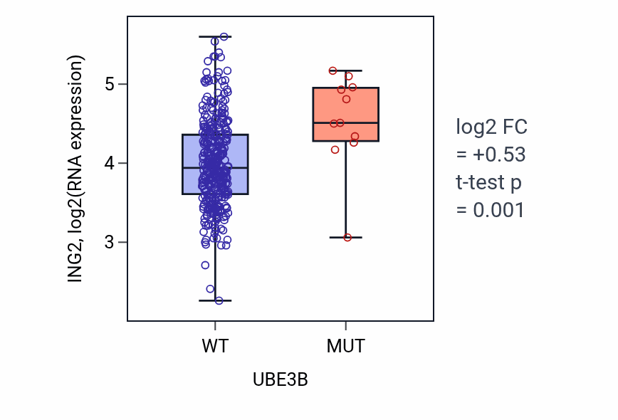 Box plot of ING2 in UBE3B-low vs UBE3B-high samples in STAD.