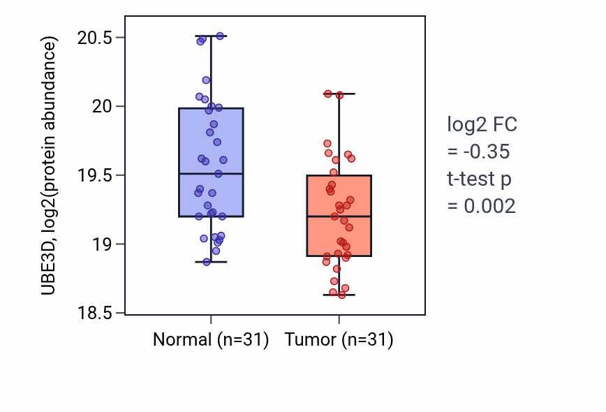 Tumor-vs-normal mass-spec protein box plot for UBE3D in LSCC.