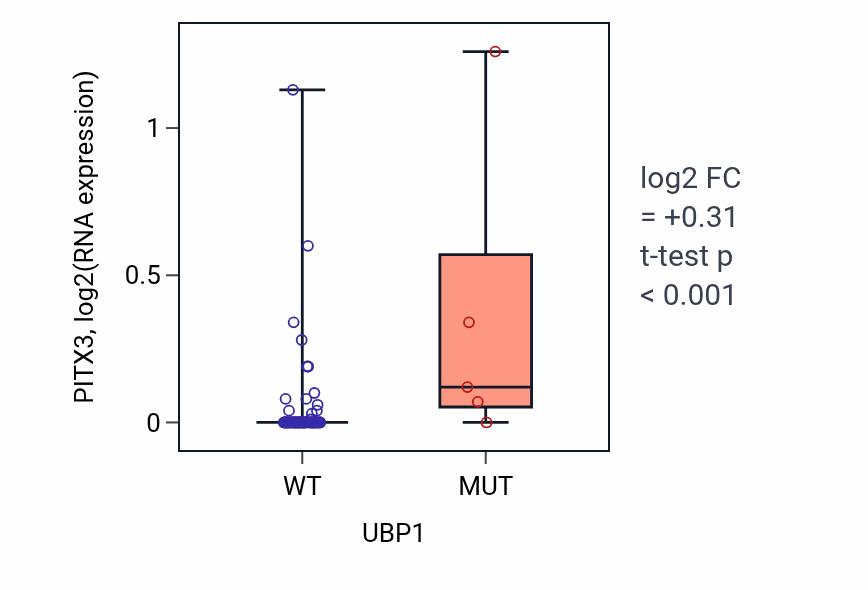 Box plot of PITX3 in UBP1-low vs UBP1-high samples in BLOOD_Lymphoma.