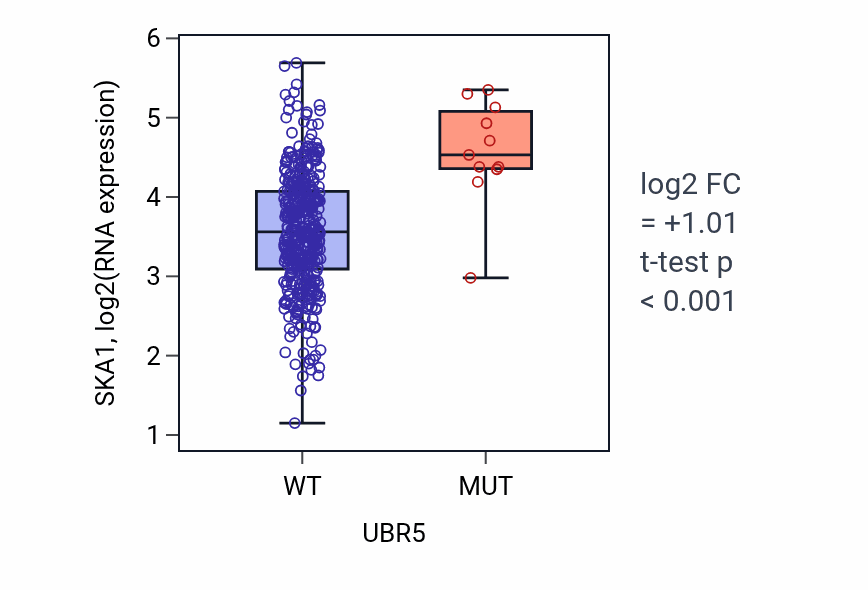 Box plot of SKA1 in UBR5-low vs UBR5-high samples in COAD.