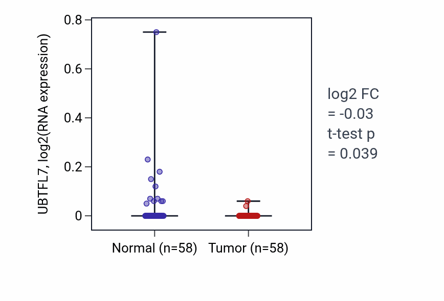 Tumor-vs-normal expression box plot for UBTFL7 RNA in THCA.