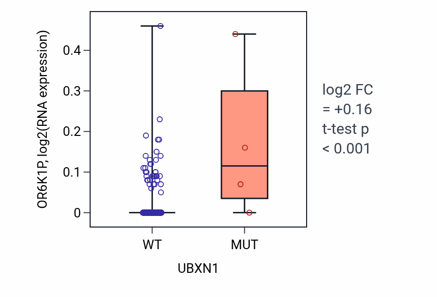 Box plot of OR6K1P in UBXN1-low vs UBXN1-high samples in HNSC.