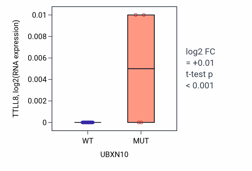 Box plot of TTLL8 in UBXN10-low vs UBXN10-high samples in LARGE_INTESTINE.