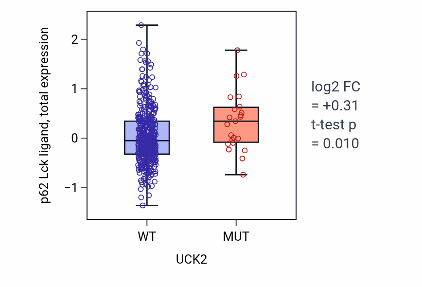 Box plot of p62 Lck ligand in UCK2-low vs UCK2-high samples in UCEC.