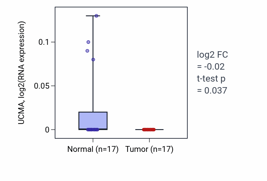 Tumor-vs-normal expression box plot for UCMA in THCA.