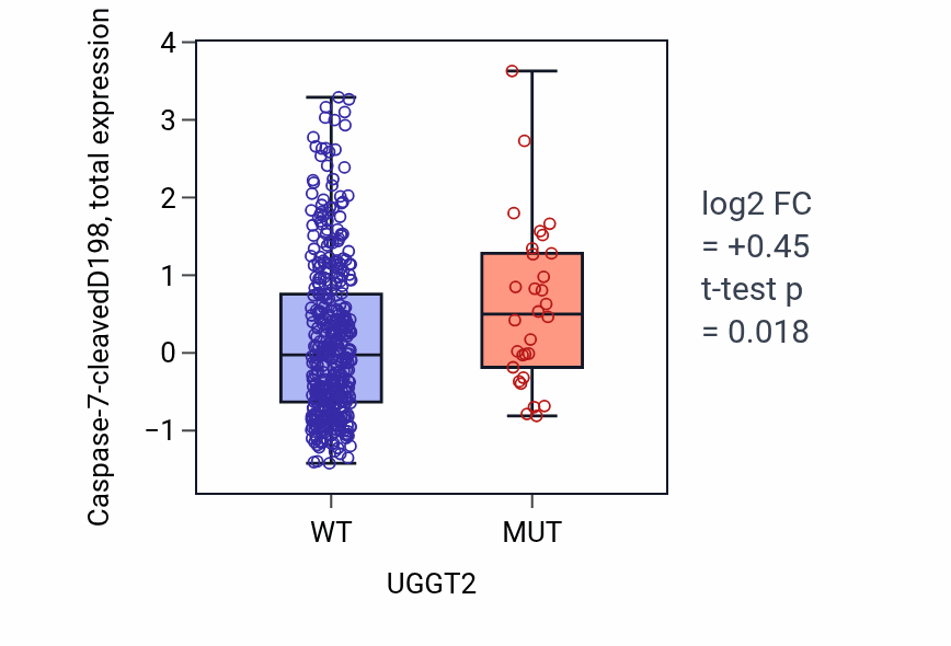 Box plot of Caspase-7-cleavedD198 in UGGT2-low vs UGGT2-high samples in UCEC.