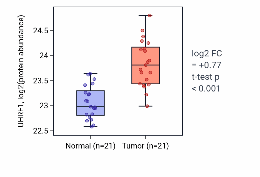 Tumor-vs-normal mass-spec protein box plot for UHRF1 in HNSC.