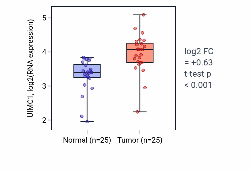 Tumor-vs-normal expression box plot for UIMC1 RNA in HNSC.