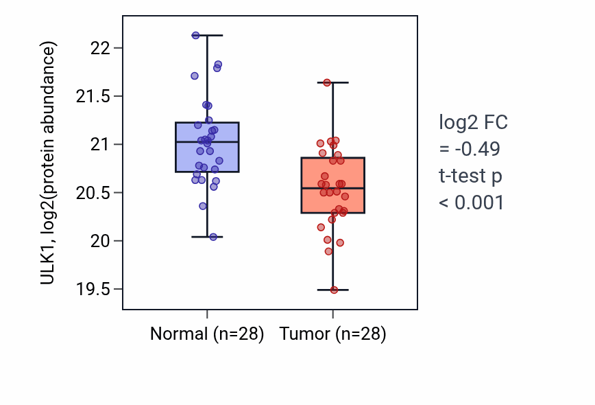 Tumor-vs-normal mass-spec protein box plot for ULK1 in LUAD.