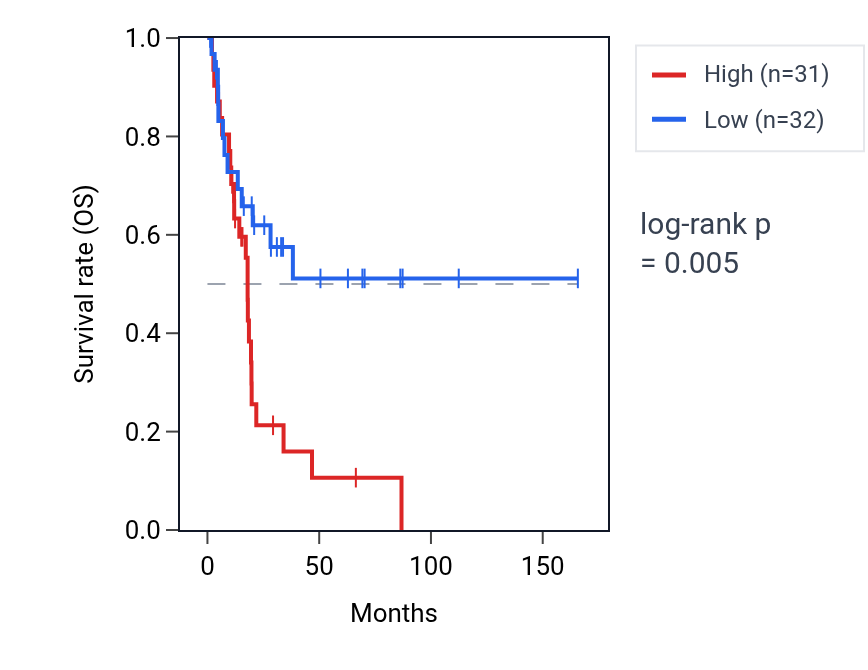 Kaplan&ndash;Meier survival curve for ULK2 RNA expression in BLCA: high vs low expression groups.