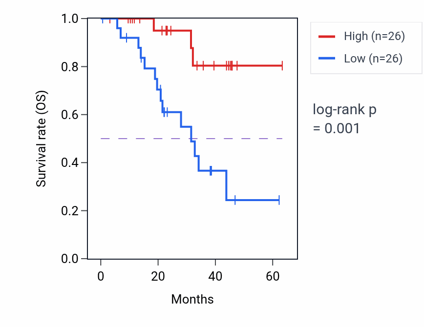 Kaplan&ndash;Meier survival curve for UNC13D mass-spec protein-high vs -low samples in HNSC.