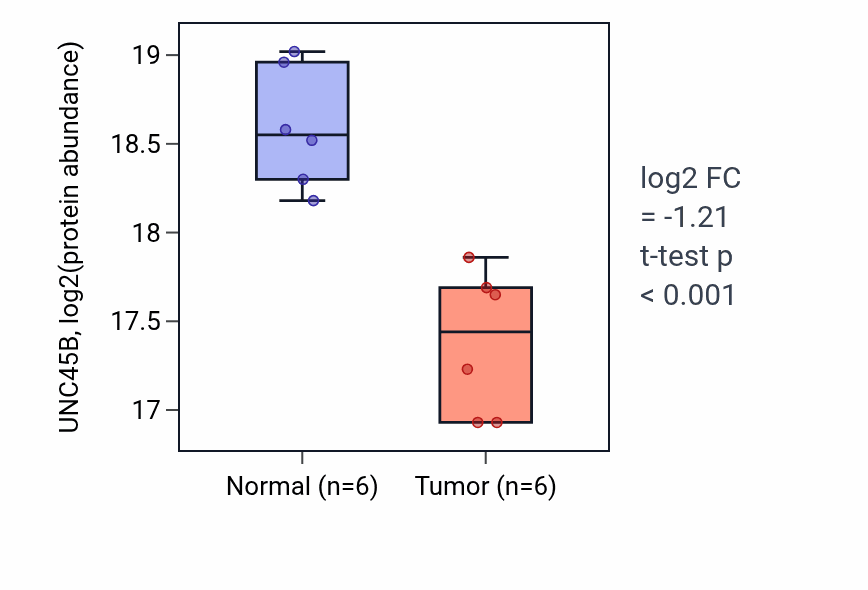 Tumor-vs-normal mass-spec protein box plot for UNC45B in LUAD.