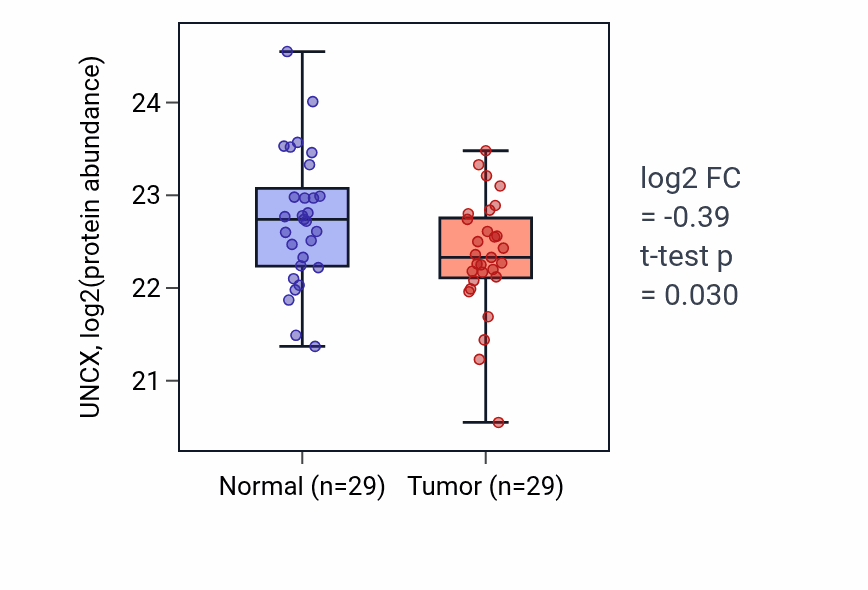 Tumor-vs-normal mass-spec protein box plot for UNCX in PDAC.