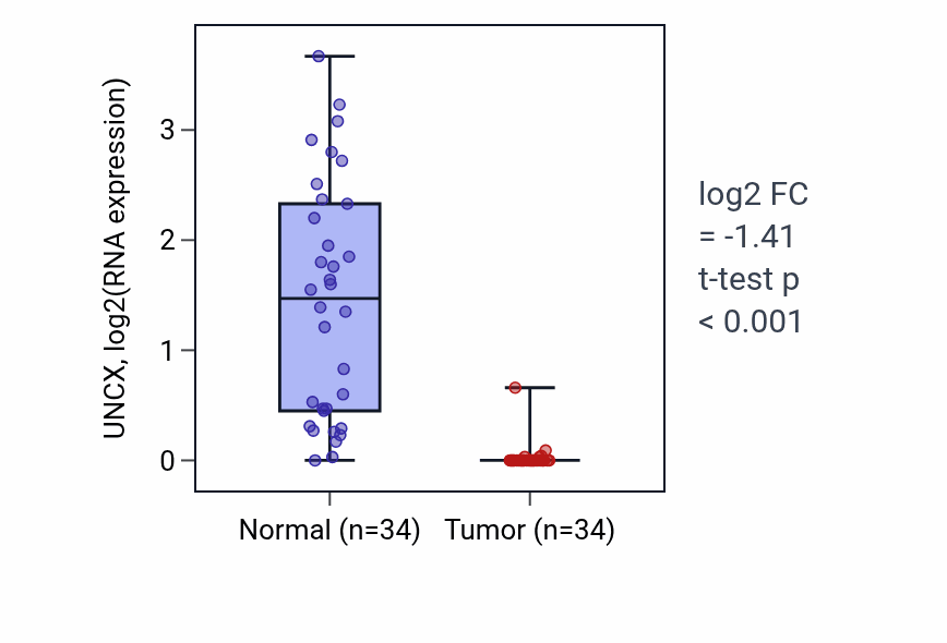 Tumor-vs-normal expression box plot for UNCX RNA in KIRC.