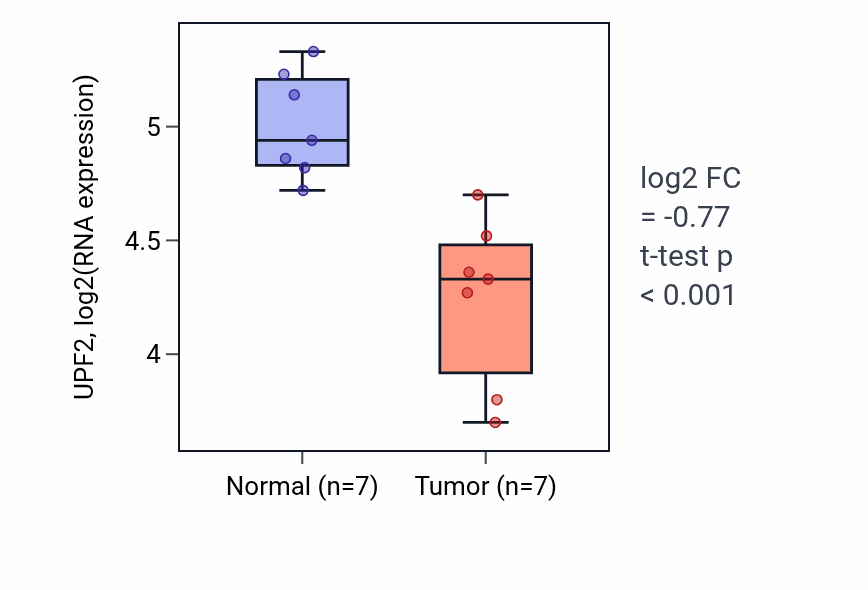 Tumor-vs-normal expression box plot for UPF2 RNA in THCA.