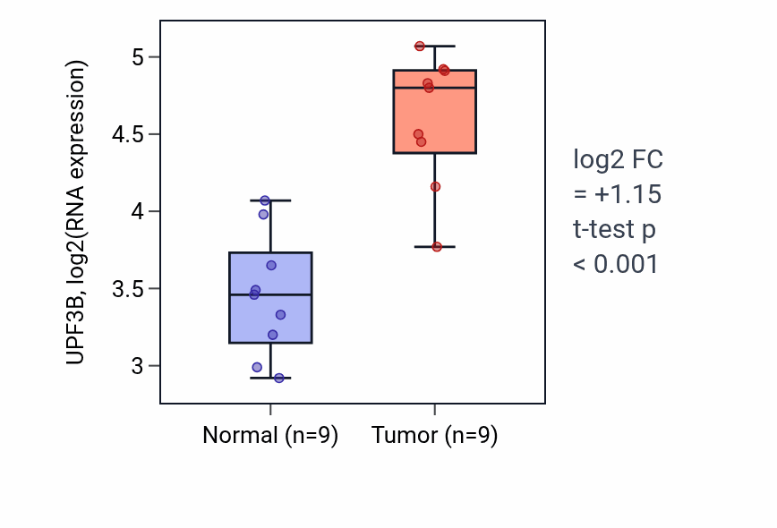 Tumor-vs-normal expression box plot for UPF3B RNA in HNSC.