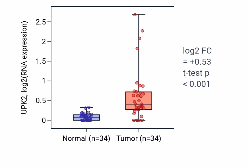 Tumor-vs-normal expression box plot for UPK2 RNA in COAD.