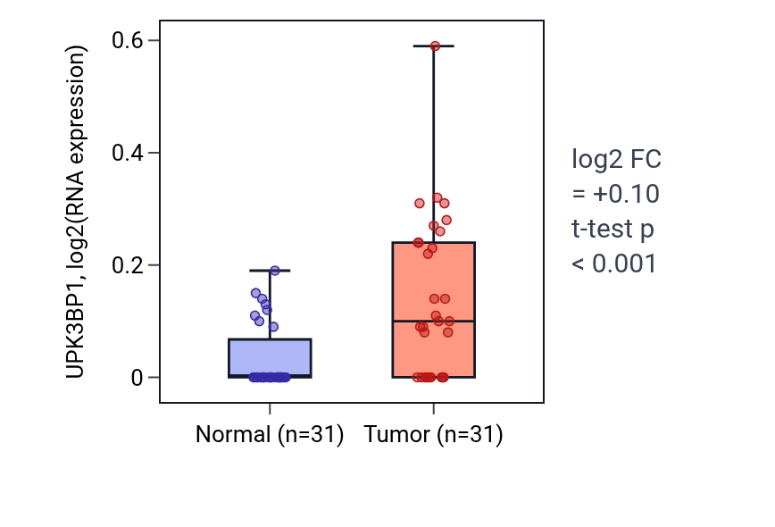 Tumor-vs-normal expression box plot for UPK3BP1 in KIRP.