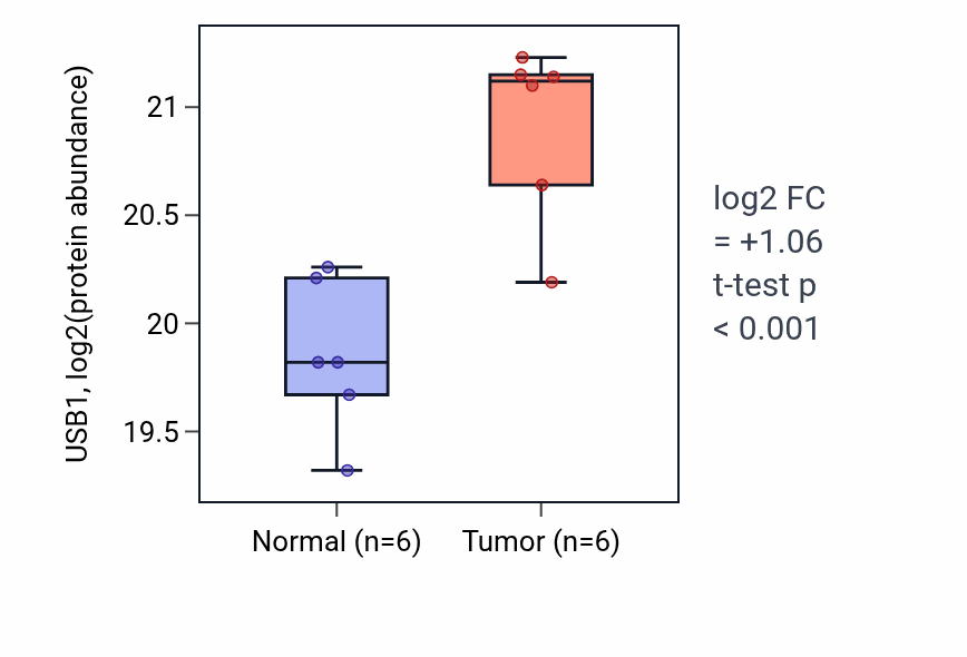 Tumor-vs-normal mass-spec protein box plot for USB1 in HNSC.