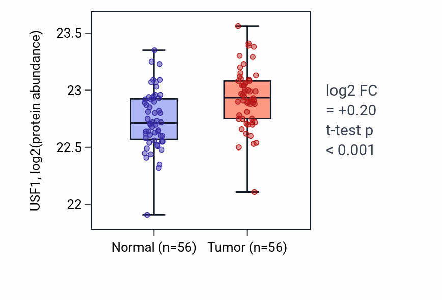 Tumor-vs-normal mass-spec protein box plot for USF1 in HNSC.