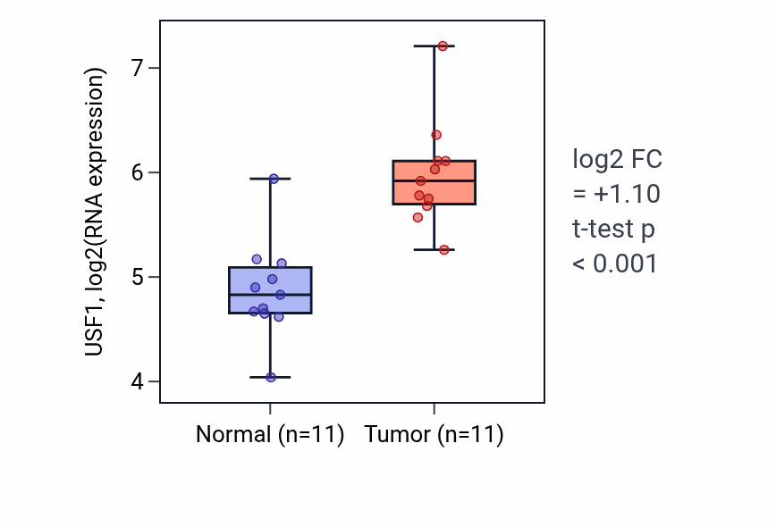 Tumor-vs-normal expression box plot for USF1 RNA in HNSC.