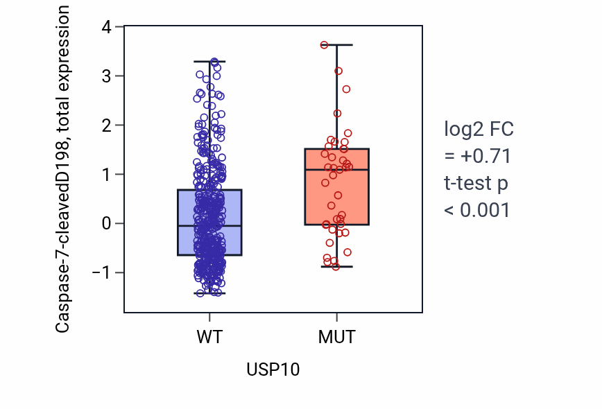 Box plot of Caspase-7-cleavedD198 in USP10-low vs USP10-high samples in UCEC.