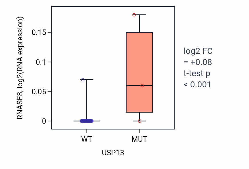 Box plot of RNASE8 in USP13-low vs USP13-high samples in PANCREAS.