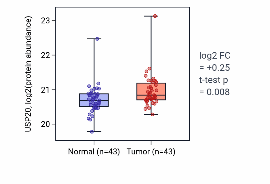 Tumor-vs-normal mass-spec protein box plot for USP20 in LUAD.