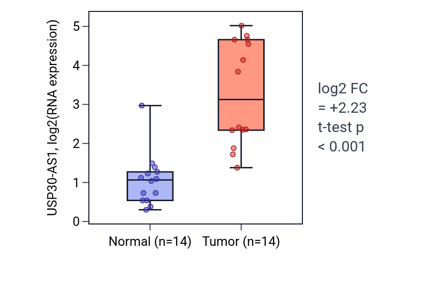 Tumor-vs-normal expression box plot for USP30-AS1 RNA in KIRC.