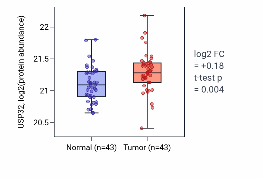 Tumor-vs-normal mass-spec protein box plot for USP32 in HNSC.