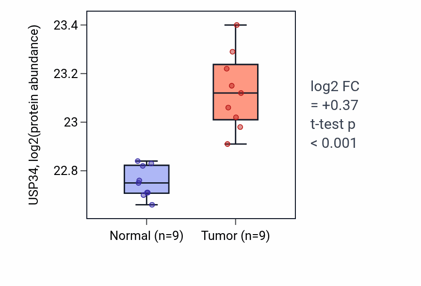 Tumor-vs-normal mass-spec protein box plot for USP34 in LSCC.