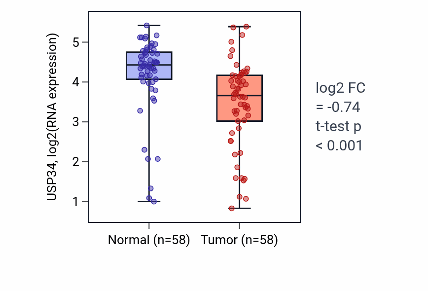 Tumor-vs-normal expression box plot for USP34 RNA in THCA.