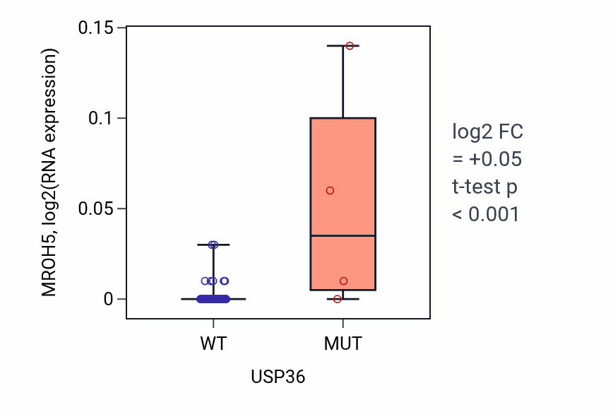 Box plot of MROH5 in USP36-low vs USP36-high samples in LUNG_NSCLC_LUAD.