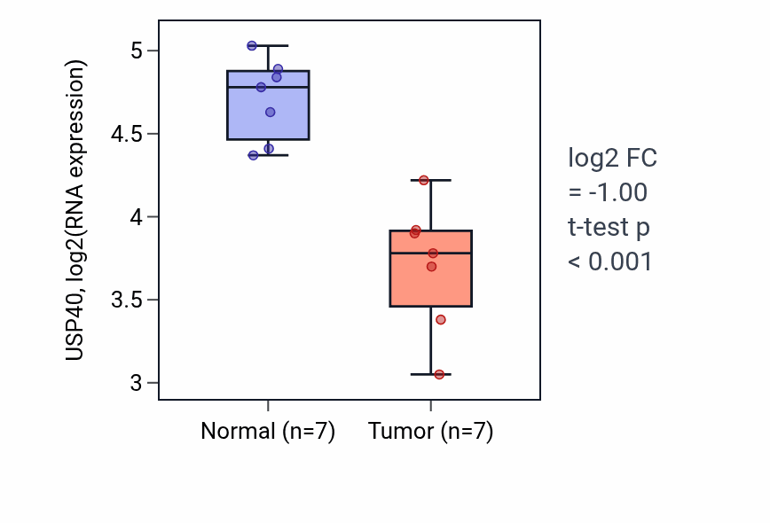 Tumor-vs-normal expression box plot for USP40 RNA in THCA.