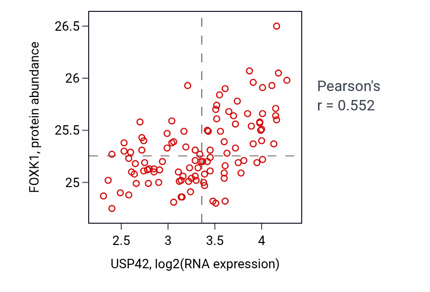 Per-sample scatter of USP42 vs FOXK1 in LSCC (Pearson r = 0.55).