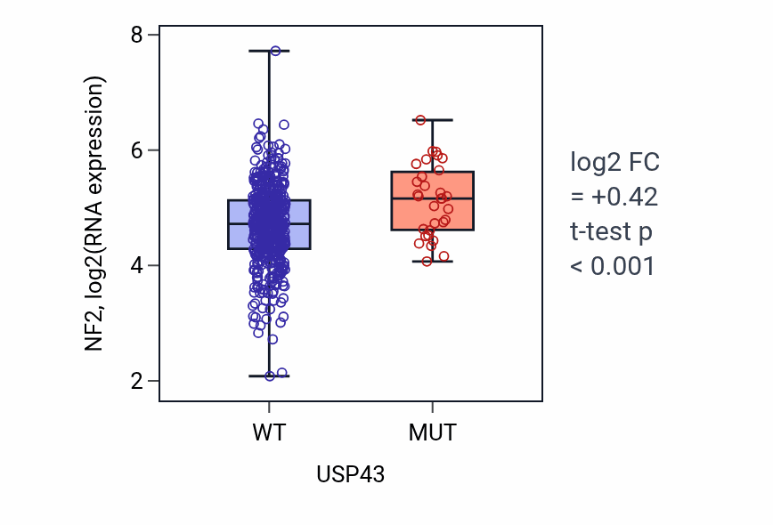 Box plot of NF2 in USP43-low vs USP43-high samples in UCEC.