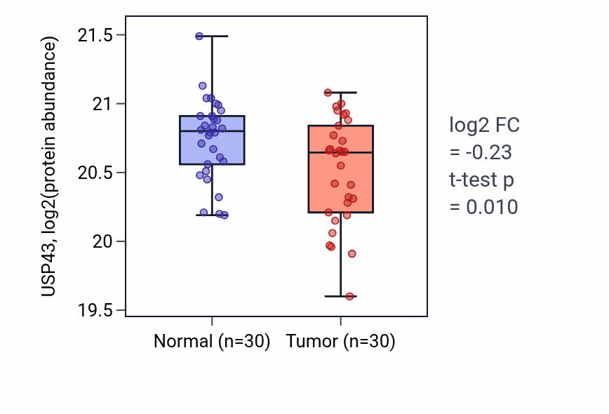 Tumor-vs-normal mass-spec protein box plot for USP43 in HNSC.