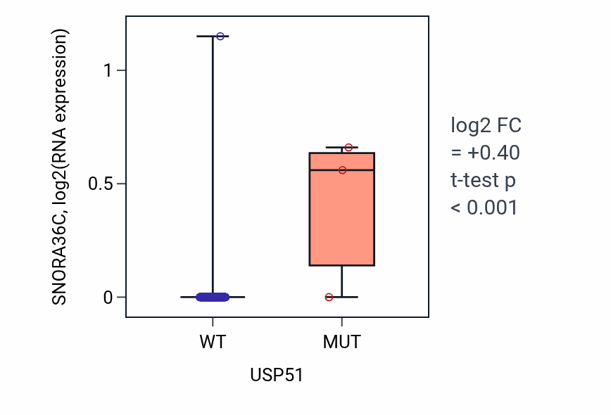 Box plot of SNORA36C in USP51-low vs USP51-high samples in READ.