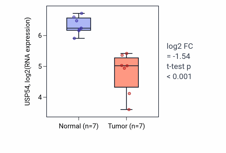 Tumor-vs-normal expression box plot for USP54 RNA in THCA.