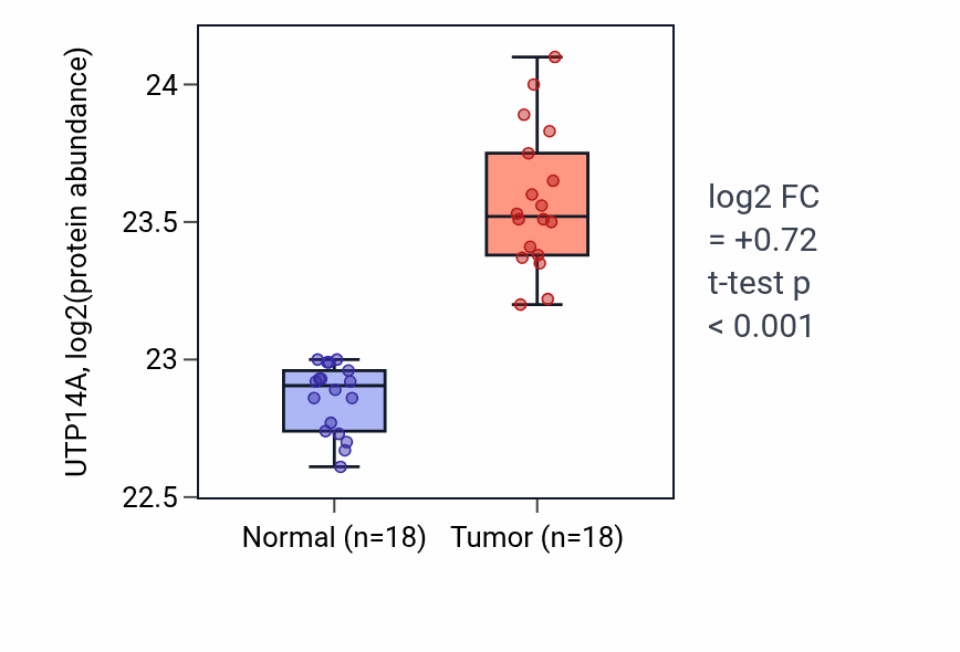 Tumor-vs-normal mass-spec protein box plot for UTP14A in COAD.