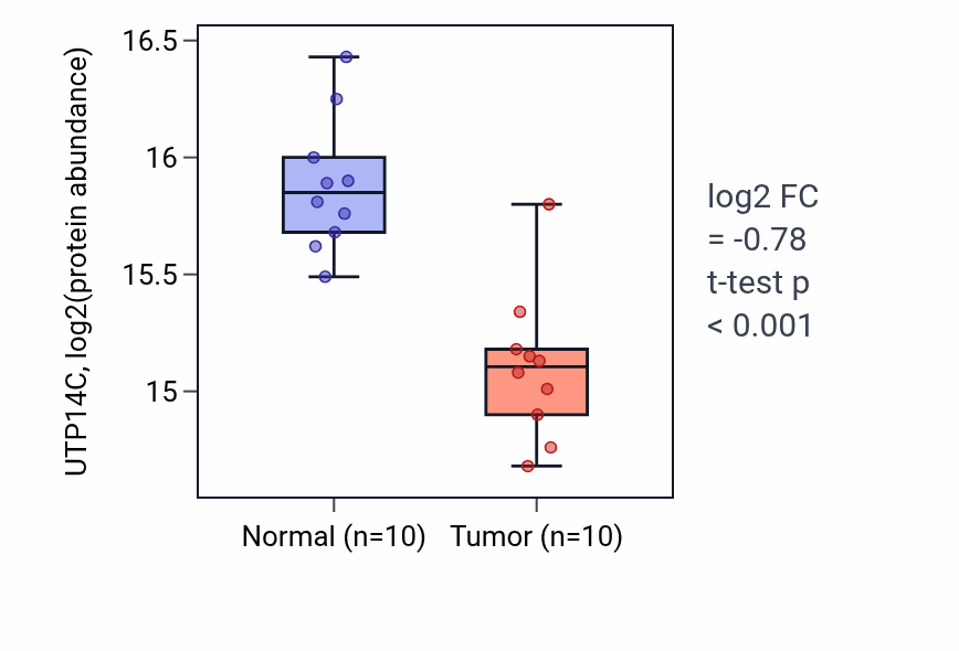 Tumor-vs-normal mass-spec protein box plot for UTP14C in LSCC.