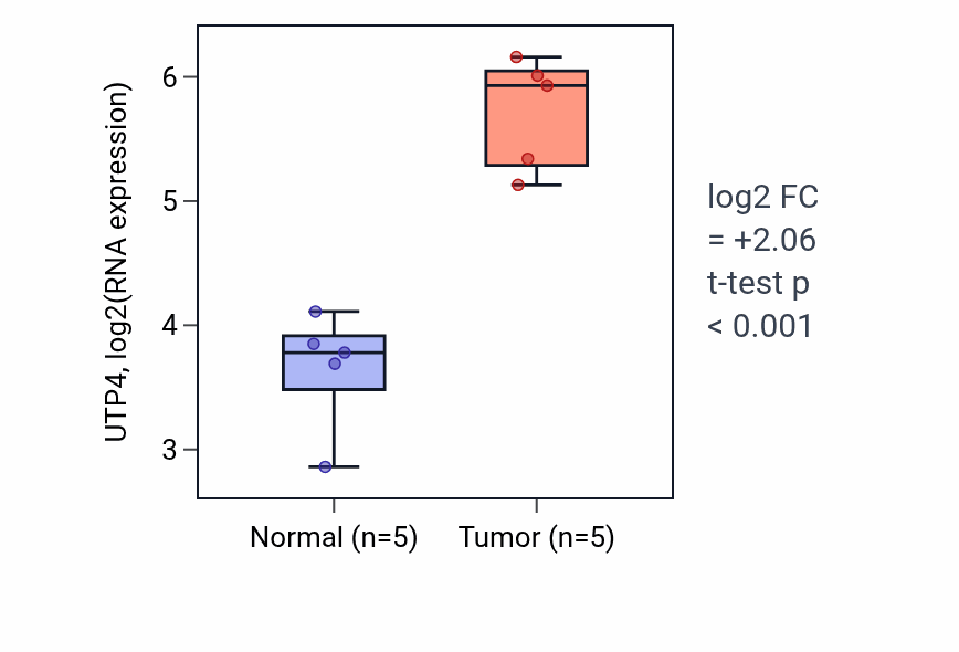 Tumor-vs-normal expression box plot for UTP4 RNA in COAD.
