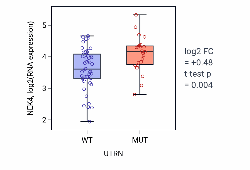 Box plot of NEK4 in UTRN-low vs UTRN-high samples in LARGE_INTESTINE.