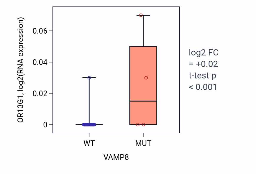 Box plot of OR13G1 in VAMP8-low vs VAMP8-high samples in LARGE_INTESTINE.