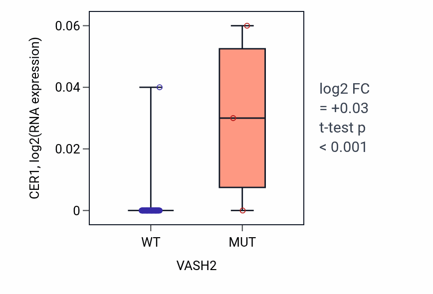 Box plot of CER1 in VASH2-low vs VASH2-high samples in BLOOD_Lymphoma.