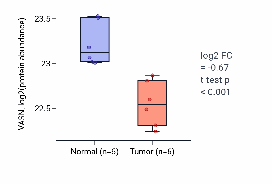 Tumor-vs-normal mass-spec protein box plot for VASN in HNSC.