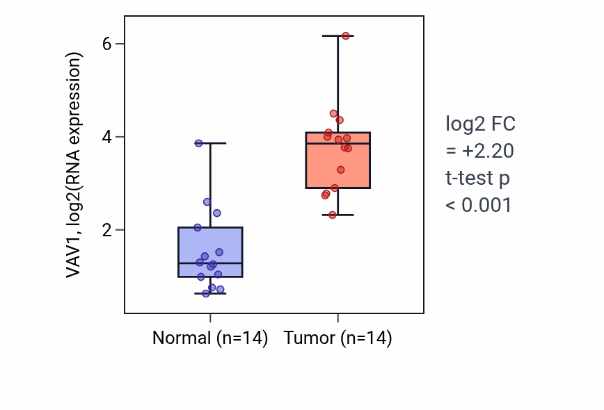 Tumor-vs-normal expression box plot for VAV1 RNA in KIRC.