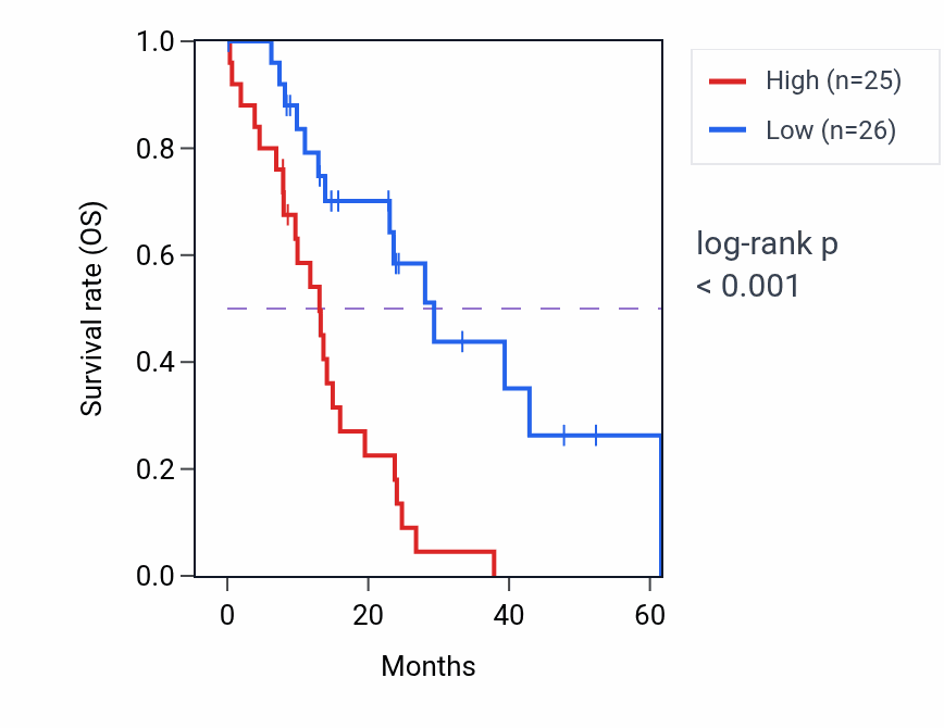 Kaplan&ndash;Meier survival curve for VAV2 mass-spec protein-high vs -low samples in PDAC.